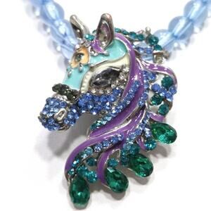 Vintage Rhinestone Enamel Horse Pendant Necklace Light Blue Beads 20 Inches